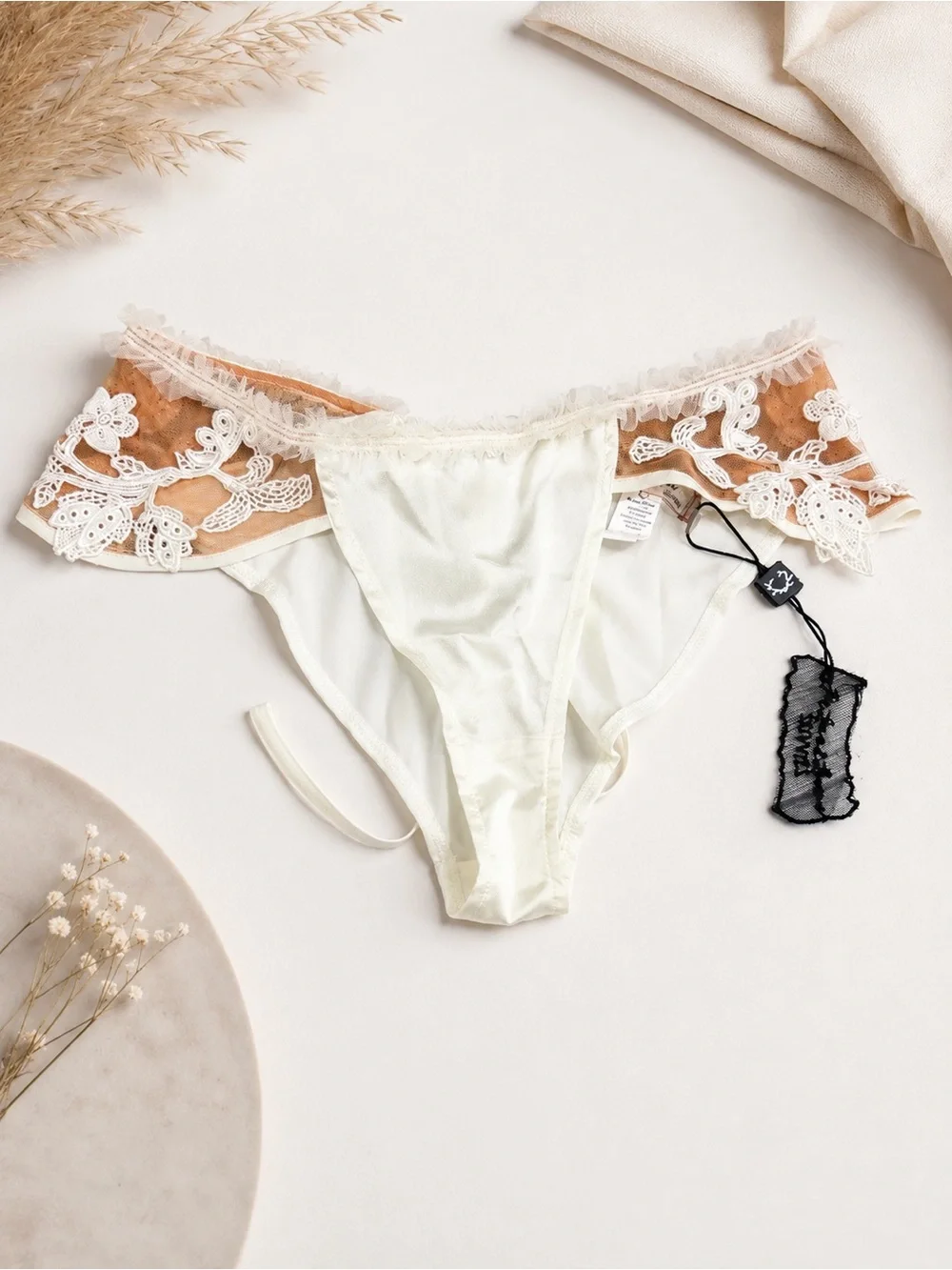 NEW • For Love and Lemons Women's Ivory Satin Thong with Brown  Lace Panels Smal